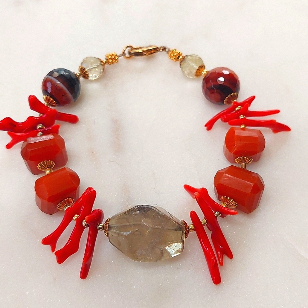 Natural Red Coral/Citrine/Carnelian Beads Bracelet